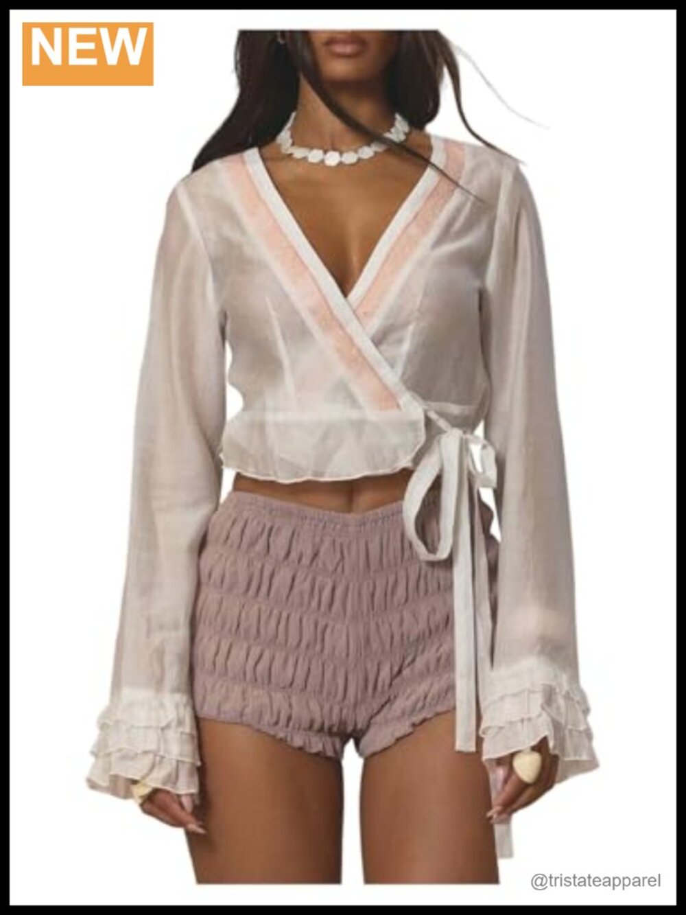 Women's Chiffon V Neck Wrap Blouse Flare Long Sleeve Tie Waist Sheer Crop Top